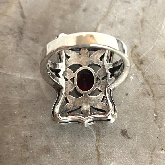 VTG Judith Jack Sterling Silver 925 Art Deco Style Oval Garnet Marcasite Ring - Picture 7 of 16